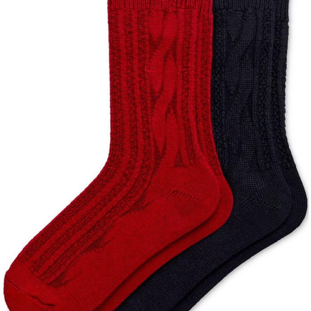 HUE Cable Ribbed Crew Length Boot Socks 2 Pack Black / Red One Size Made in USA